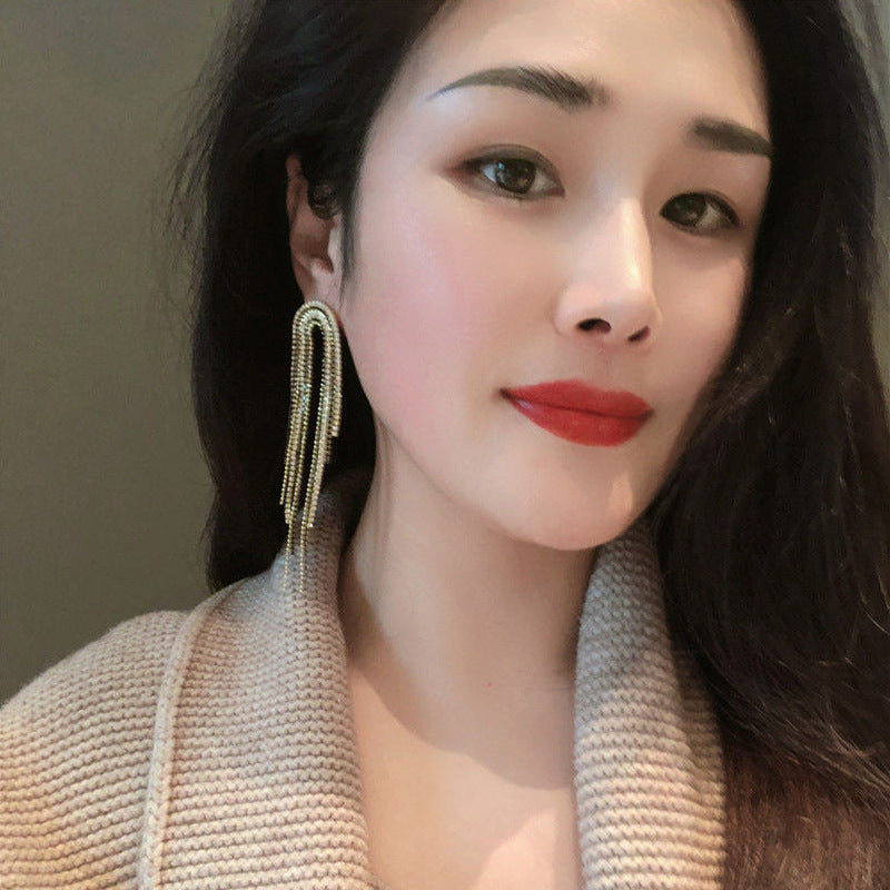 Wholesale 925 silver needle diamond-set U-shaped long tassel earrings