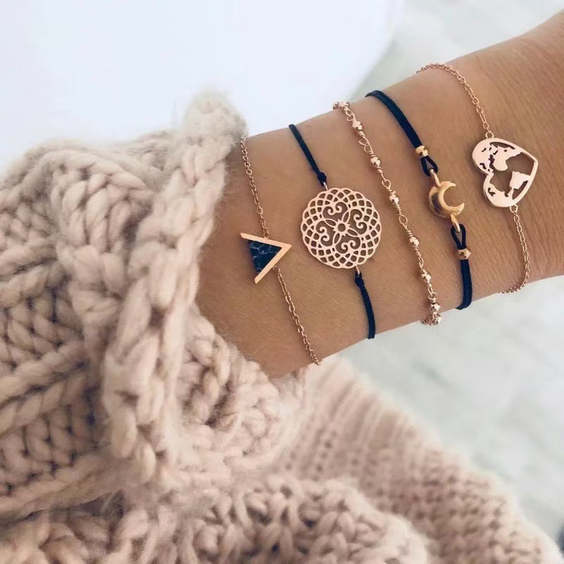Wholesale Bohemian Hollow Heart Moon Geometric Alloy Bracelet 5-Piece Set Fashion Accessory Gift