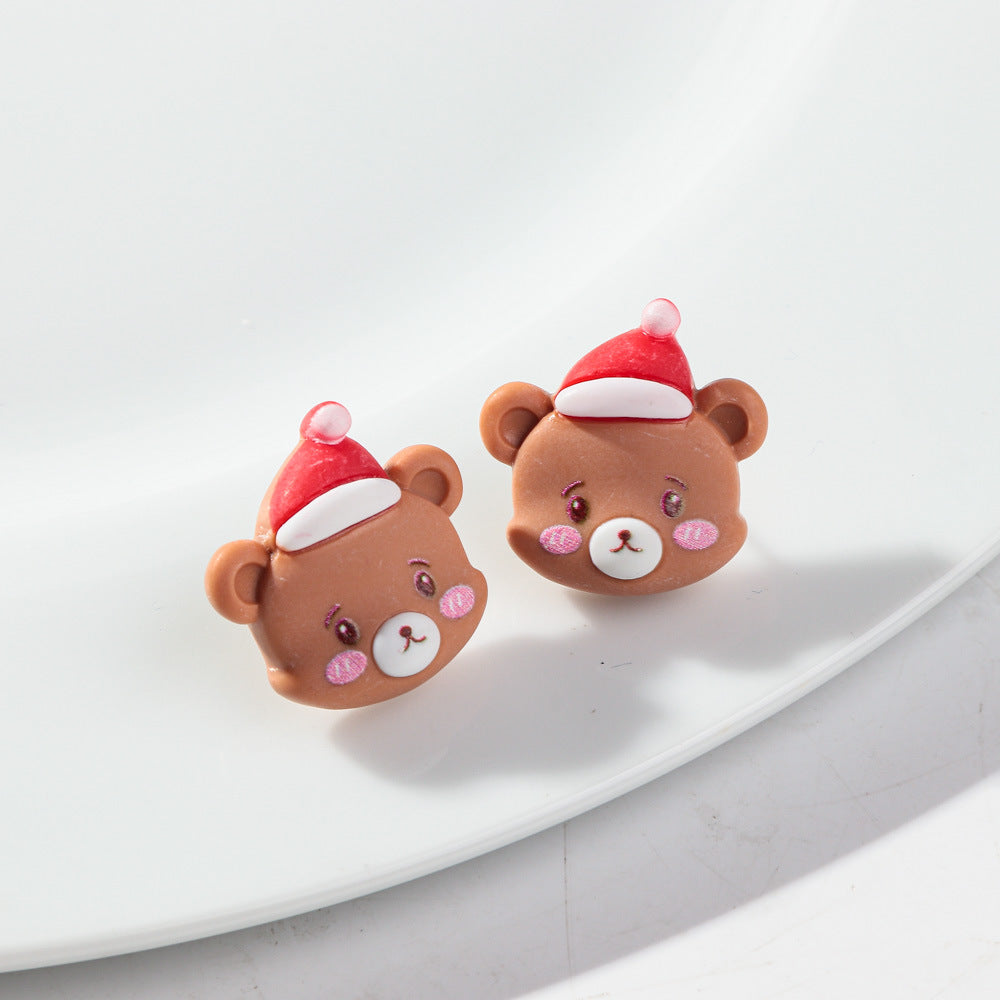 Wholesale Plastic Resin Cartoon Bear Christmas Tree Earrings Sweet Girl Fashion Accessory