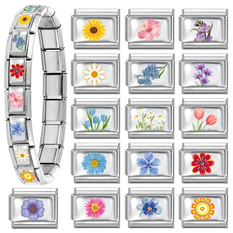 Wholesale 9mm Italian Charm Starter Bracelets DIY Flower Series Stainless Steel Composable Bracelet