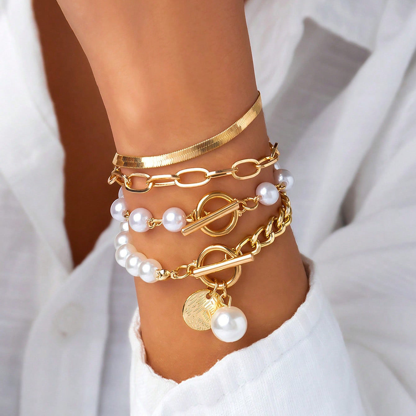 Wholesale Trendy Pearl Multi-Layer Bracelet Set Gold OT Clasp Jewelry Accessory