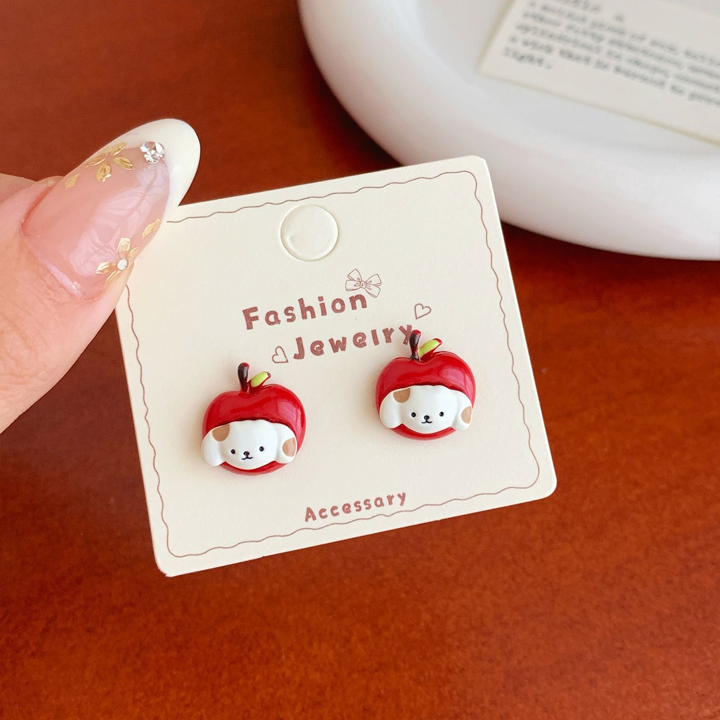 Wholesale Cartoon oil dripping red apple puppy cat earrings silver needle Earrings