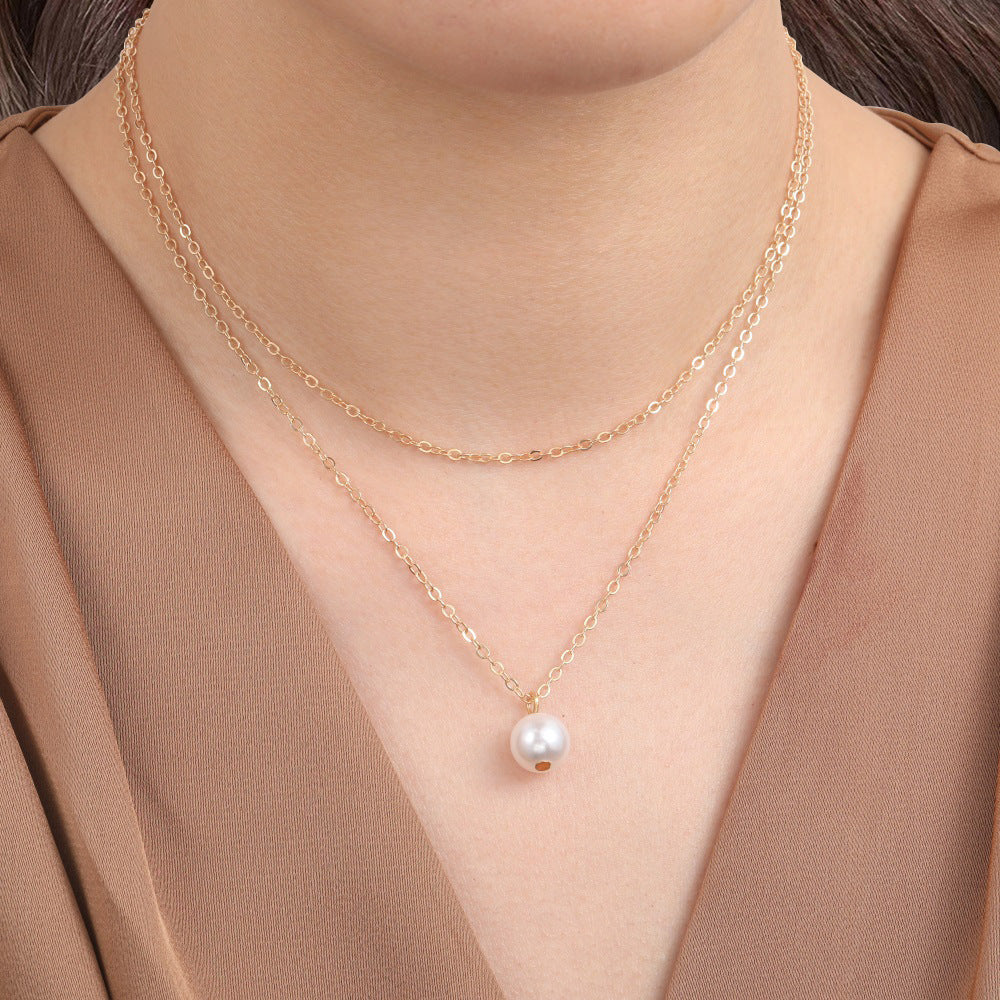 Wholesale single pearl pendant double-layer necklace adjustable necklace