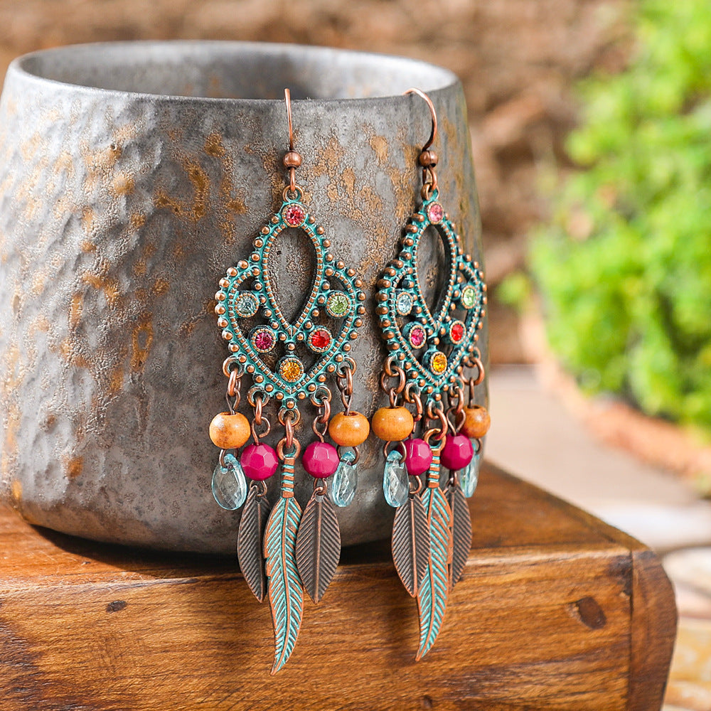 Wholesale Retro Ethnic Earrings Set Alloy Geometric Turquoise Tassel Trendy Party Accessory Gift