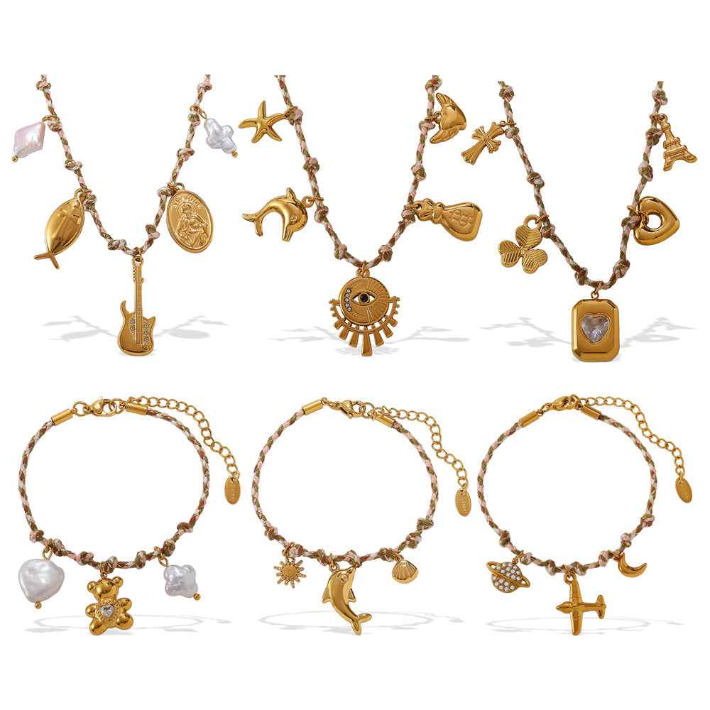 Wholesale  Retro Seaside Style DIY Freshwater Pearl Pendant Bracelet Stainless Steel Plated 18K Gold Ceramic Pendant Necklace for Women