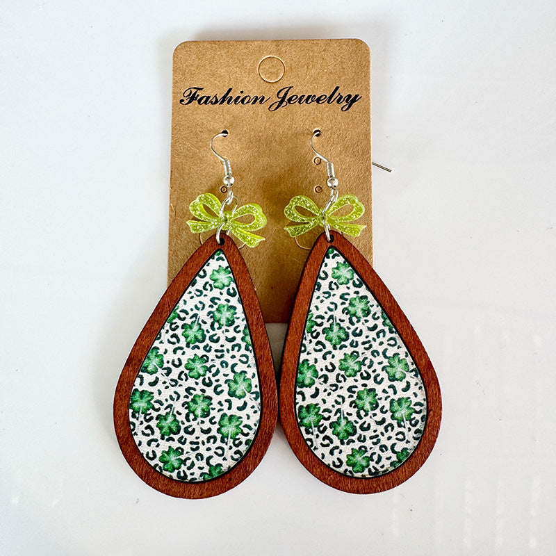 Wholesale Wooden St.  Patrick' s Day Bow Clover Earrings