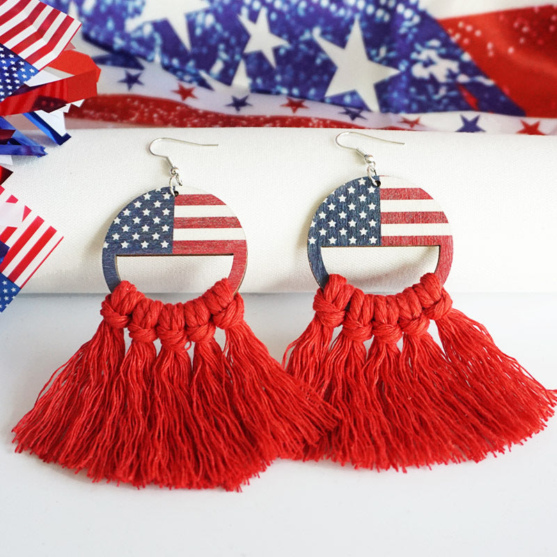 Wholesale 2 Pairs/pack American Independence Day Hats Hand Knitted Bohemian Tassel Cotton Thread Earrings ACC-ES-HY042