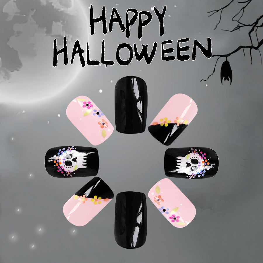 Wholesale 24 Pieces/box Halloween Skull Flowers Press-on Nails Kits Nail Stickers ACC-NS-GuaiXL080