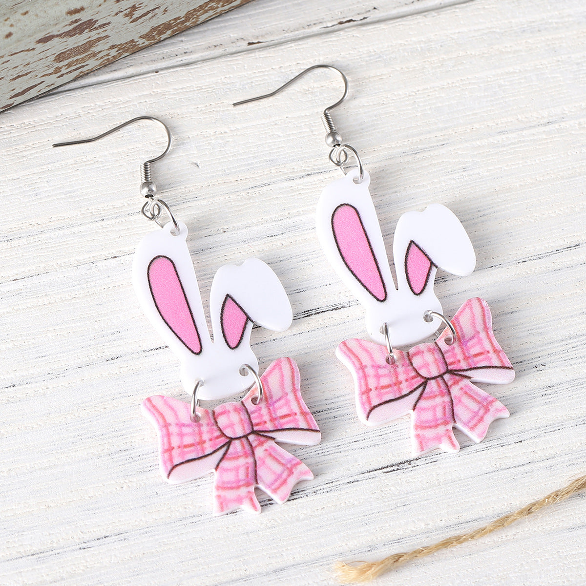 Wholesale  Easter Cute Bow Bunny Stitching Pendant Earrings