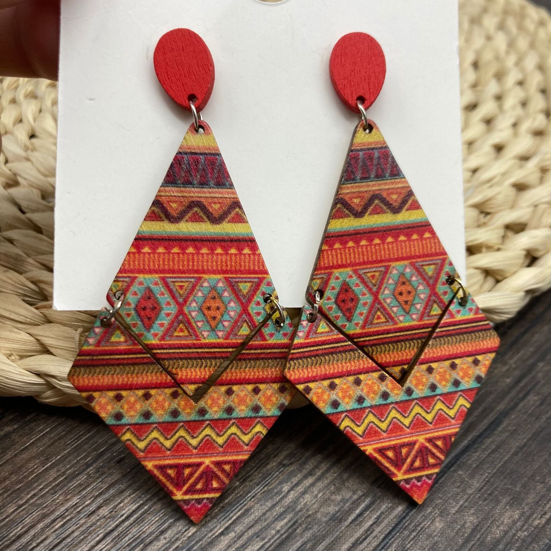 Wholesale Mid-century Style Bohemian Printed Wood Earrings ACC-ES-FX029