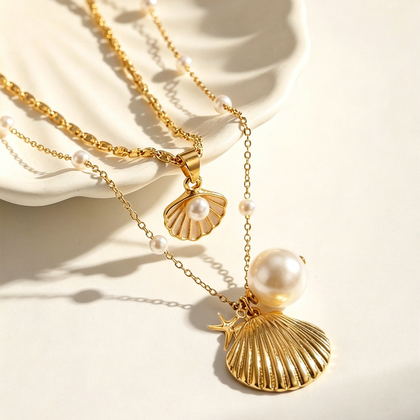 Wholesale Stylish Layered Starfish Shell Pearl Pendant Necklace Ocean Charm Jewelry For Women Boutique Resale Gift