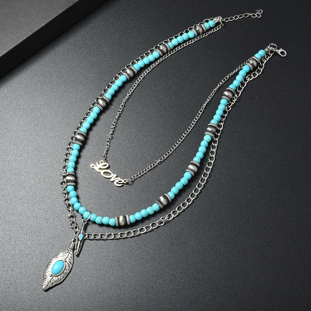Wholesale Vintage Turquoise Beaded Layered Necklace Women Bohemian Multi Strand Pendant Jewelry Gift
