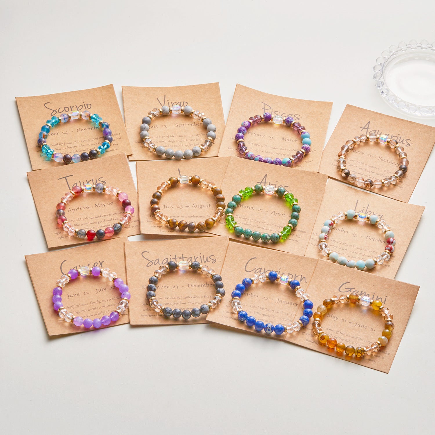 Wholesale  Twelve Constellation Color Natural Stone Crystal Paper Card Mixed Color Beaded Bracelet