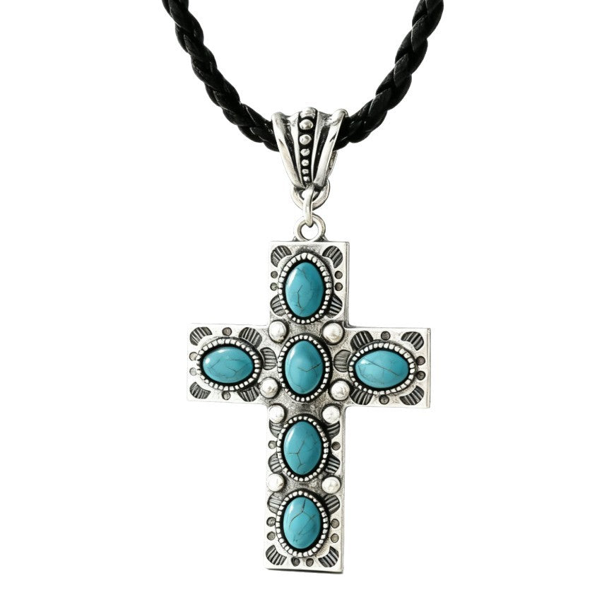 Wholesale Rhinestone Cross Pendant Necklace with Leather Rope,  Boho Style Fashion Accessory for Women