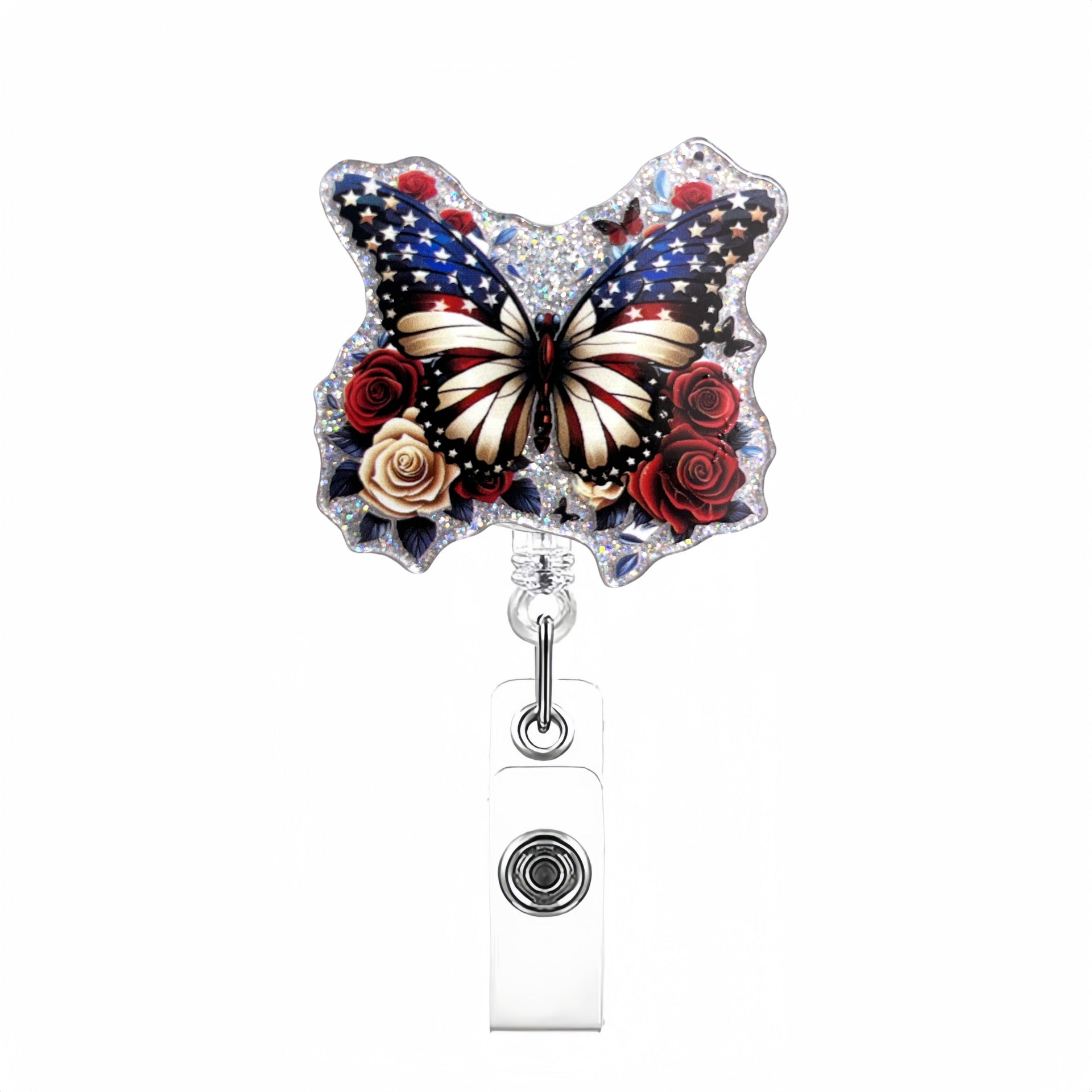 Wholesale Acrylic Glitter Independence Day Badge Reels Keychains