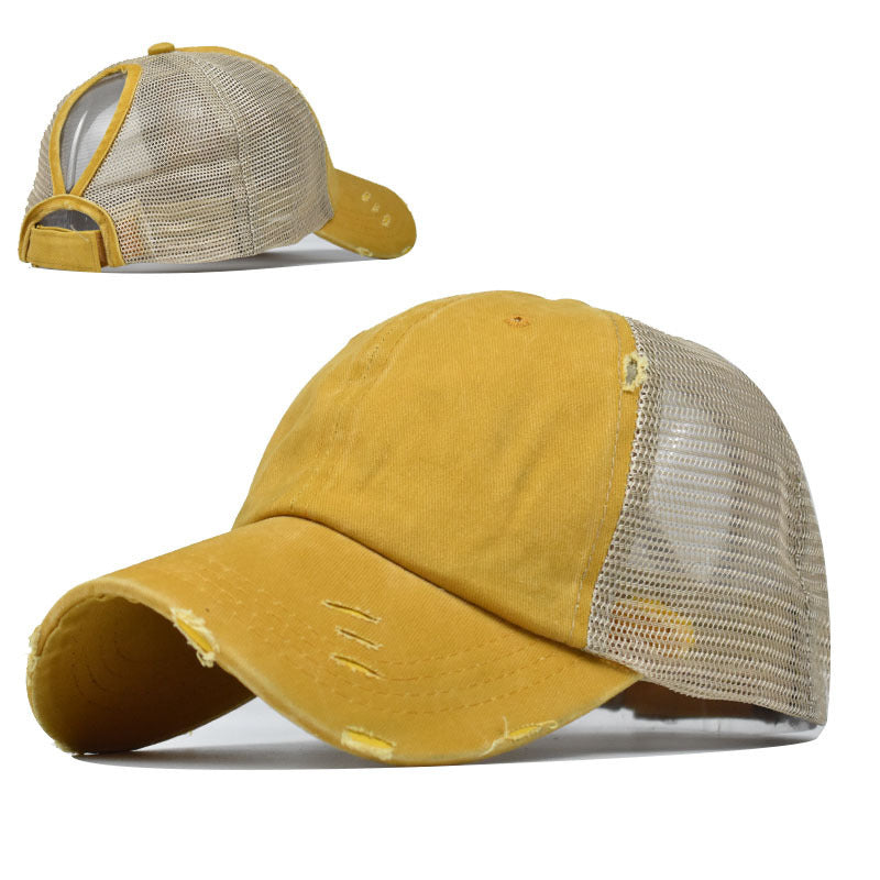 Wholesale Fashion Distressed Ponytail Baseball Cap For Women Curved Brim Adjustable Mesh Sun Hat Outdoor