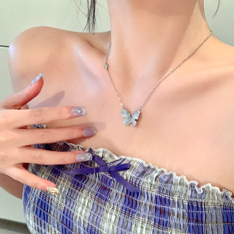 Wholesale  Titanium Steel Blue Butterfly Necklace Accessories