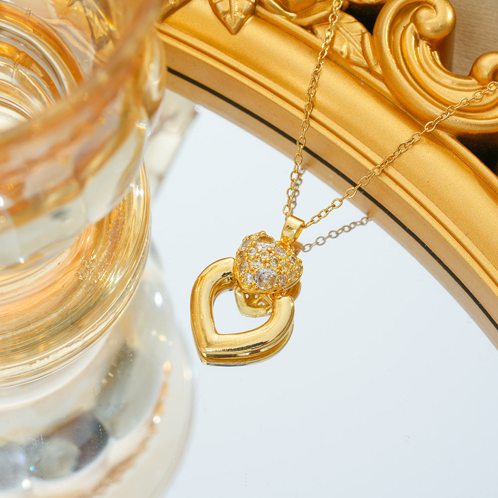 Wholesale Titanium Steel Heart Zircon Necklace and Earring Set Gold Plated Fashion Jewelry Accessory for Women