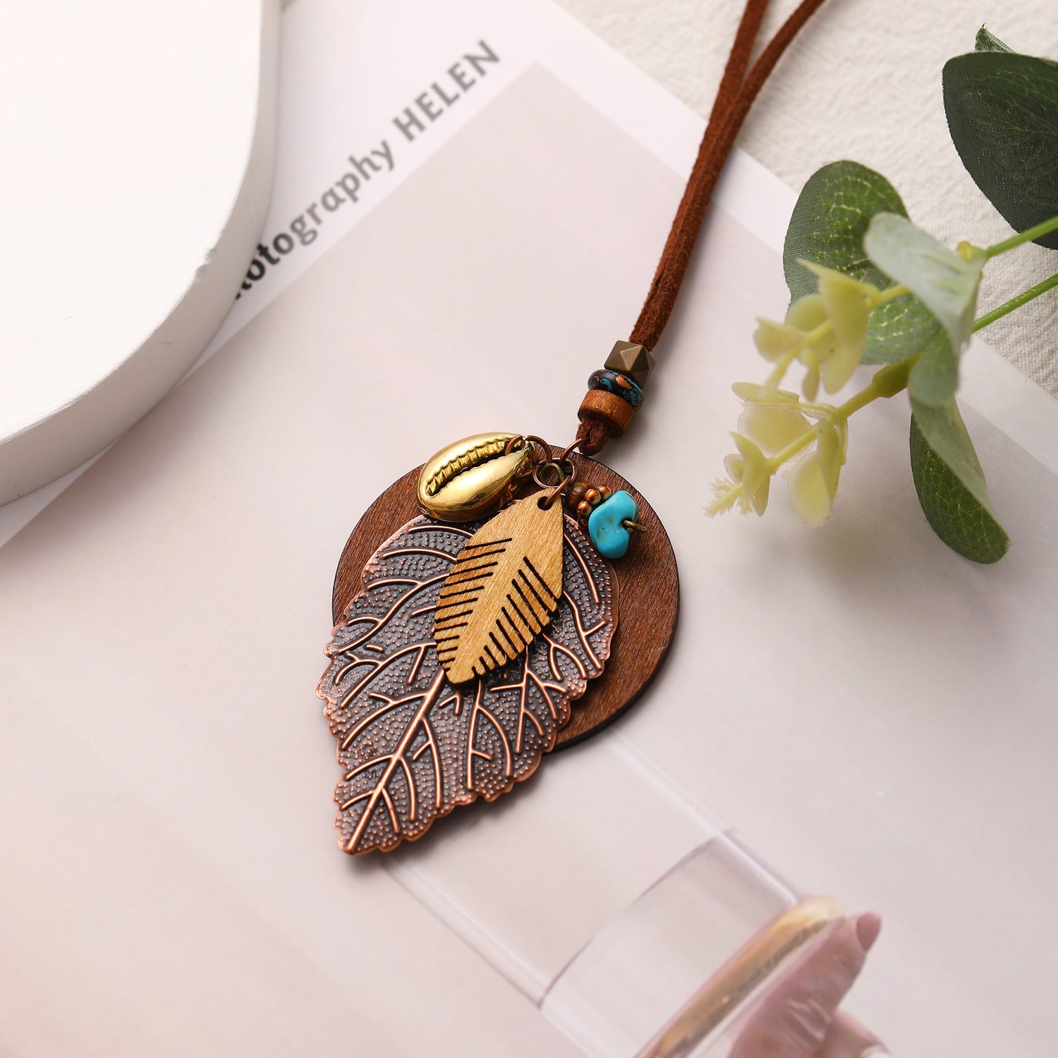 Wholesale vintage cotton and linen national style hollow leaves long sweater chain necklace