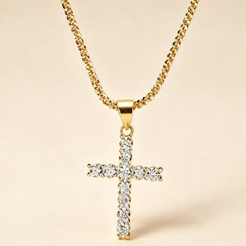 Wholesale Punk Style Cross-Border European and American Diamond-Encrusted Cross Sweater Necklace for Women,  Light Luxury Sweatshirt Chain,  Simple and Versatile Clavicle Chain