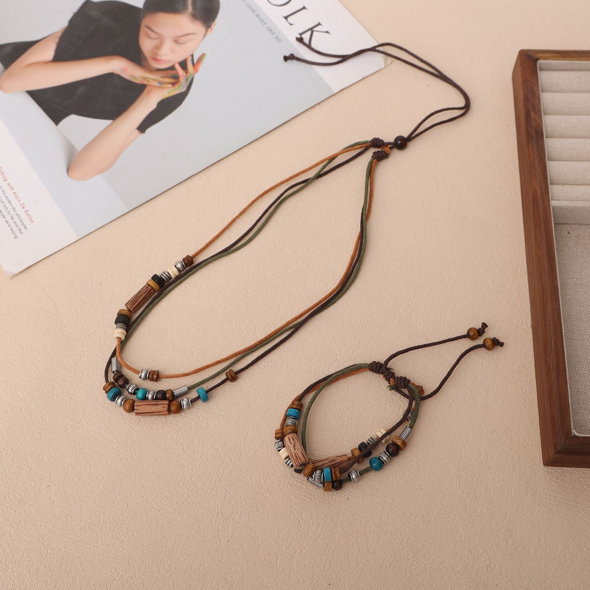 Wholesale Handmade Leather Layered Wood Bead Necklace With Turquoise Pendant Vintage Retro Unisex Fashion Jewelry Gift