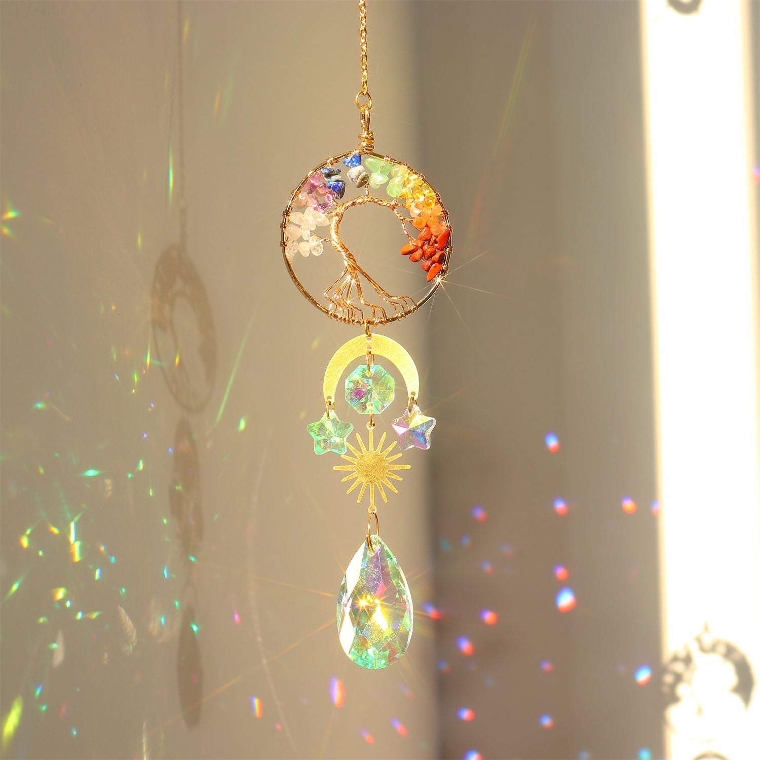 Wholesale Golden Life tree heart-shaped crystal catcher hanging window Sun prism decoration