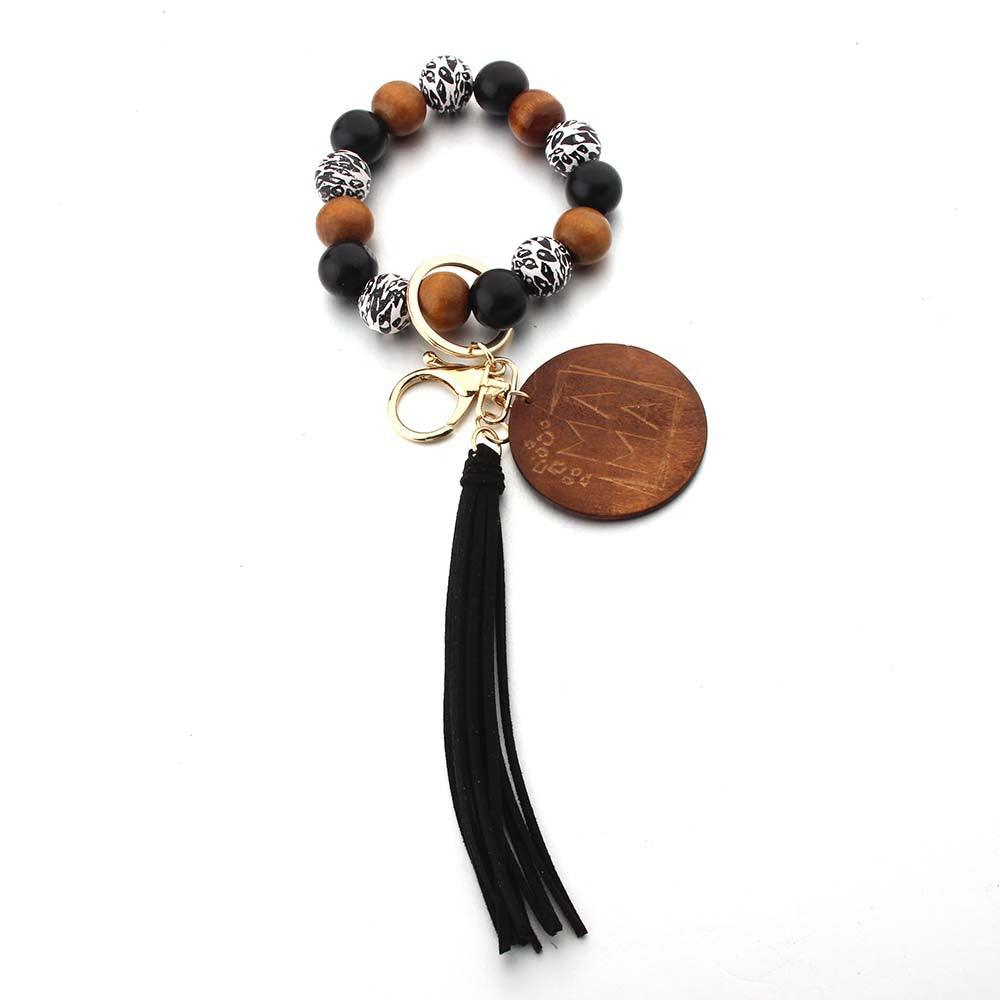 Wholesale Leopard Print MAMA Mother's Day Wooden Beads Beaded Keychain Wristlet Keychain ACC-KC-JinAn010