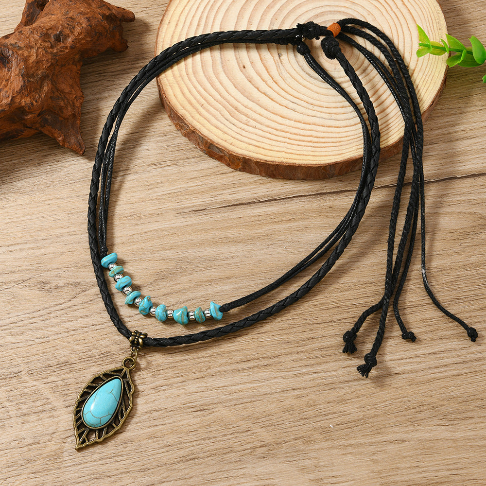 Wholesale Western-style openwork leaf turquoise necklace set 2 pieces