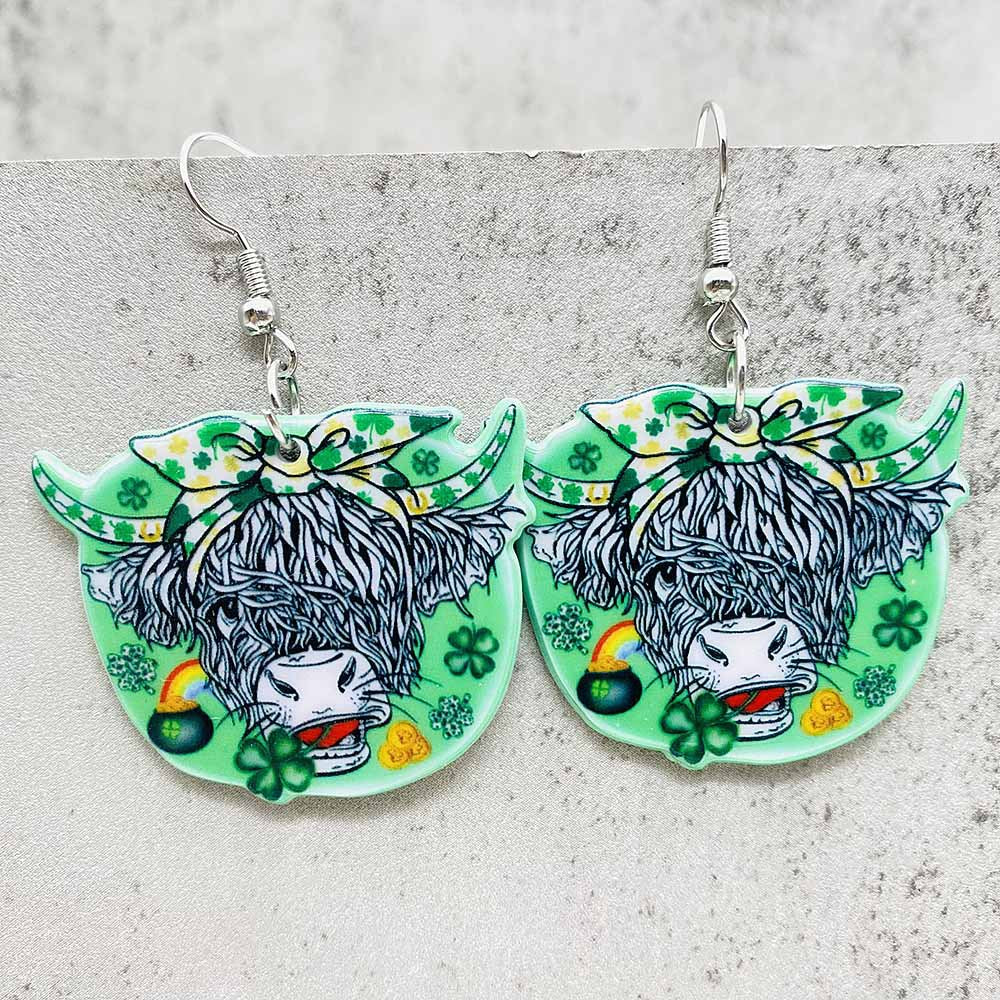 Wholesale Patrick Irish four-leaf clover rainbow hat rooster bull head acrylic earrings