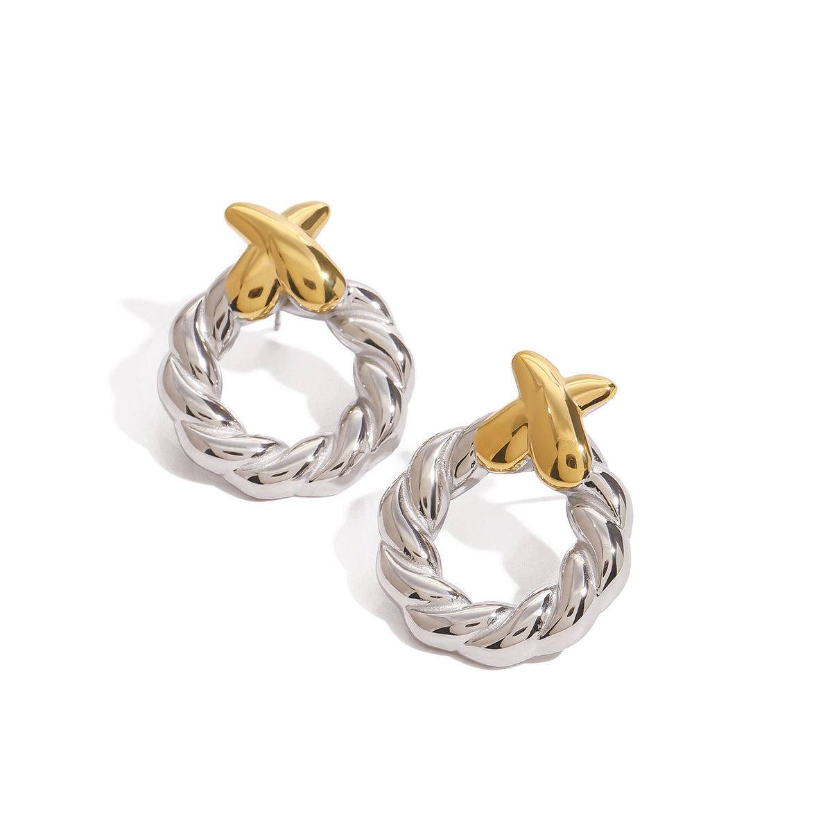 Wholesale  18K gold stainless steel gold and silver color matching  twist ring earrings