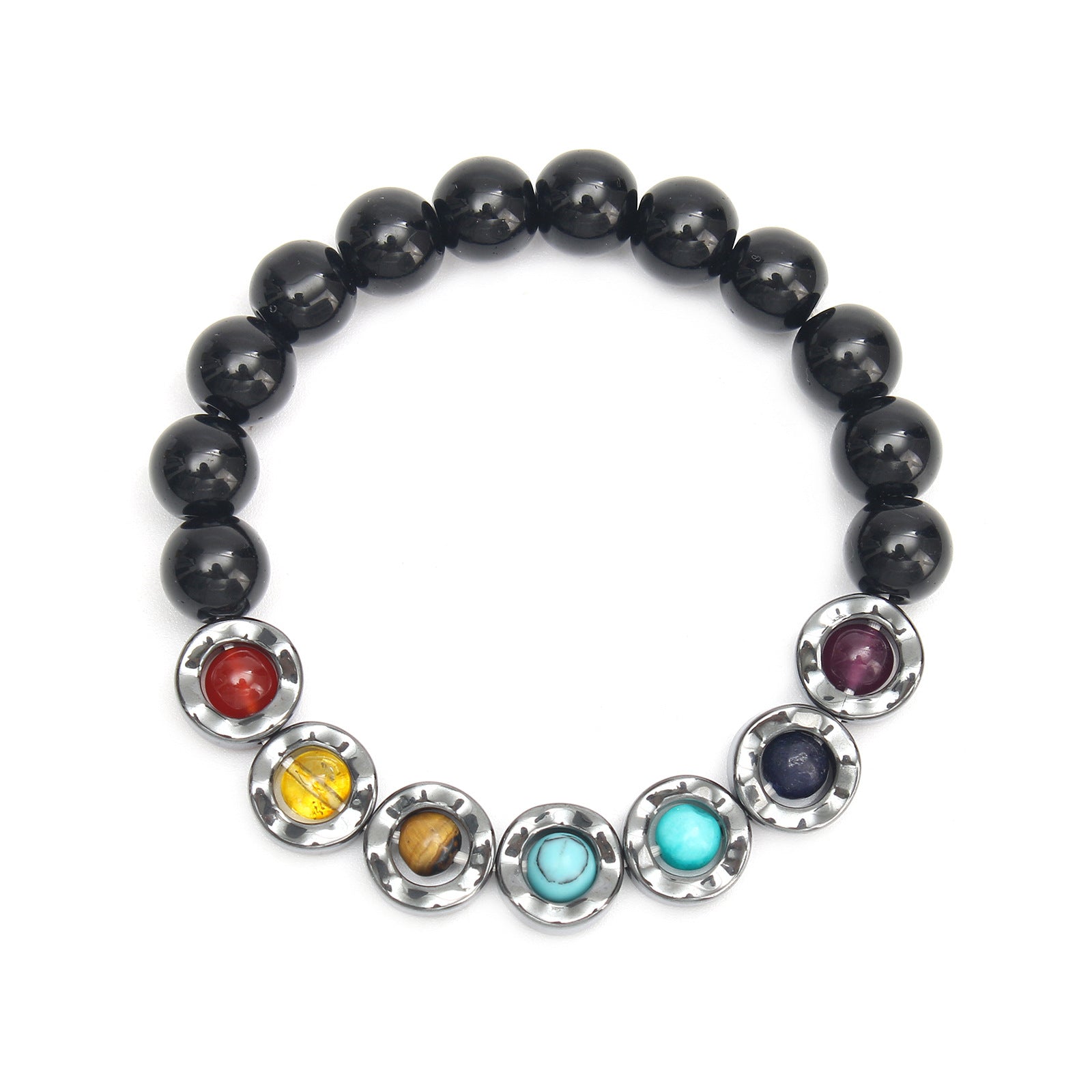 Wholesale black stone wave rotating colorful yoga beads tiger eyes beaded  Bracelet