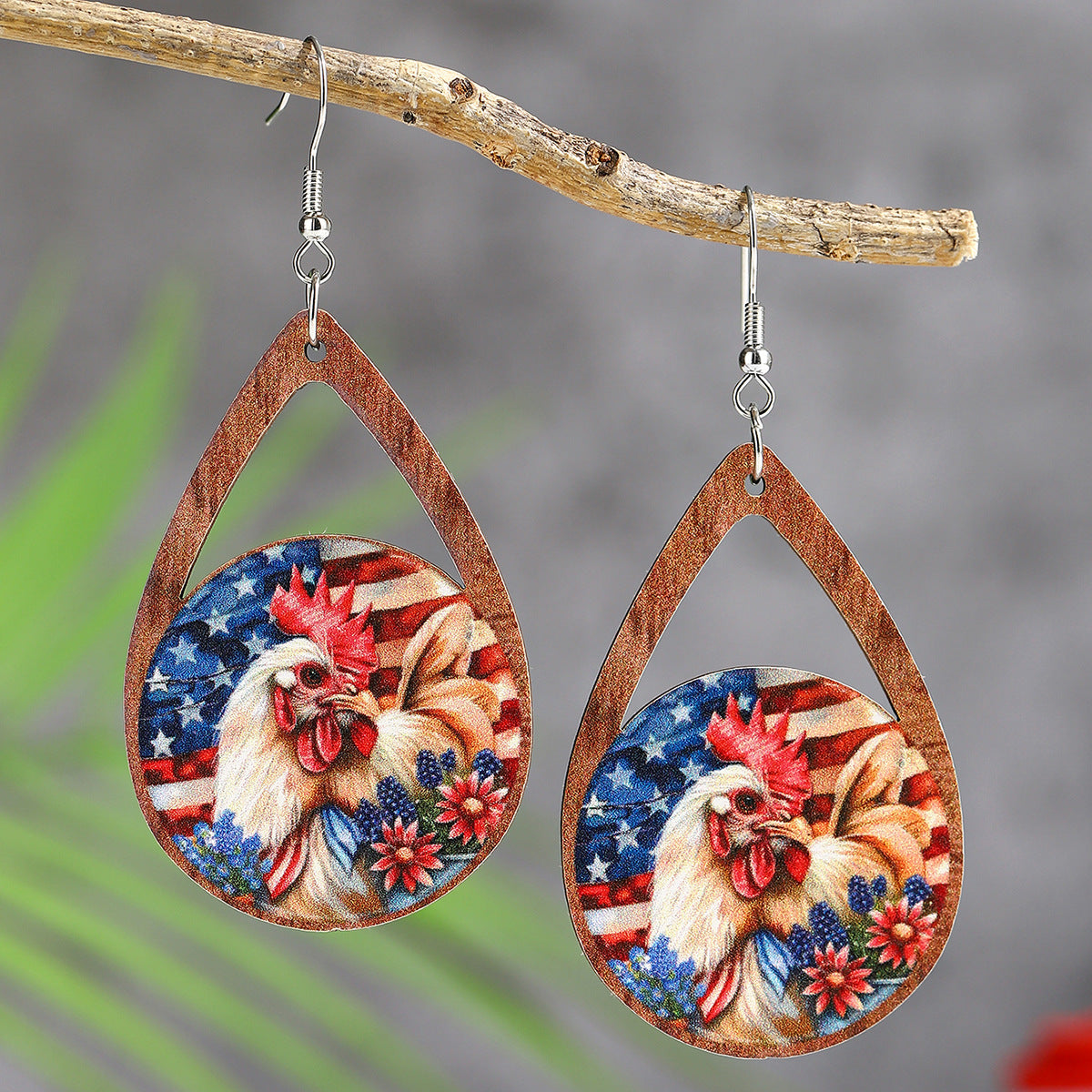 Wholesale  US Independence Day Element Wooden Water Drop Earrings