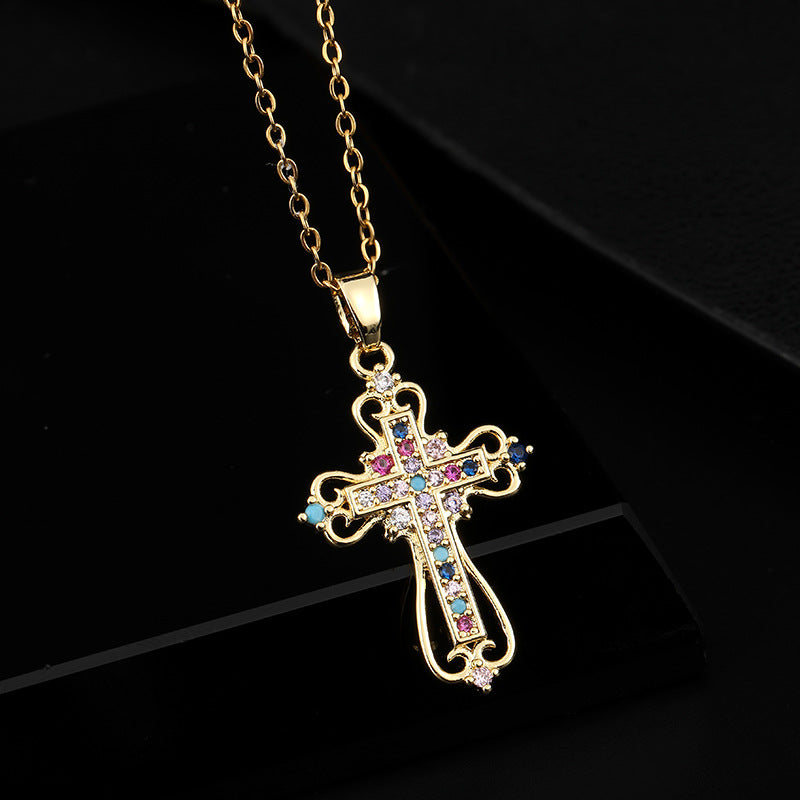 Wholesale Fashion Colorful Zircon Cross Pendant Necklace For Women Trendy Collarbone Chain Jewelry Gift