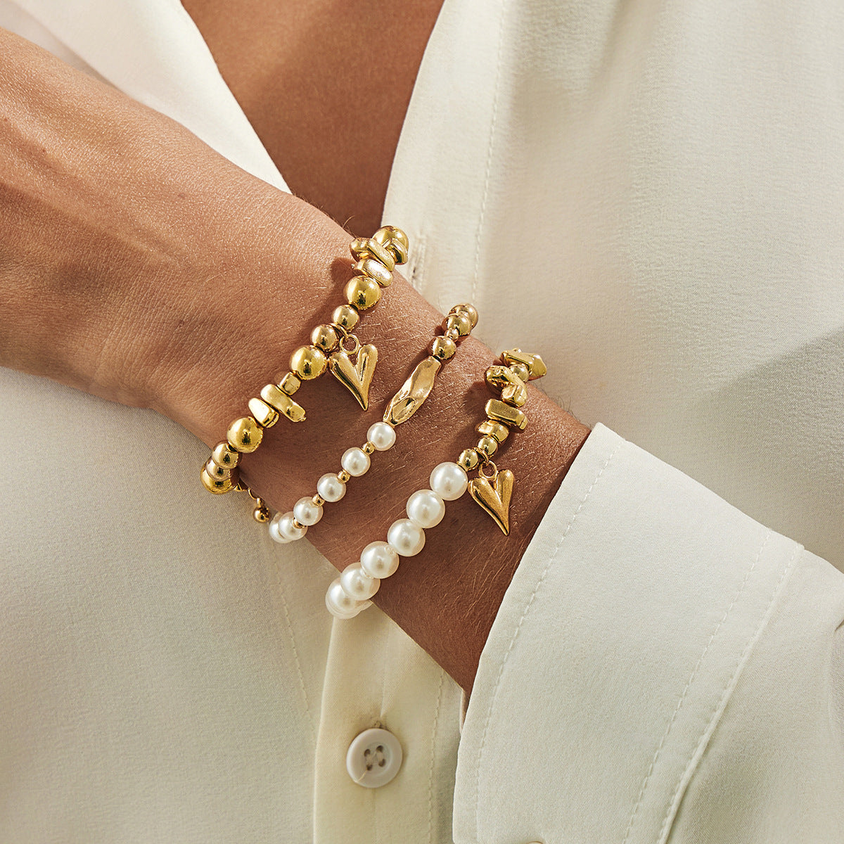 Wholesale Heart Shaped Irregular Bead Layered Bracelet Mixed Color Women' s Jewelry Accessory
