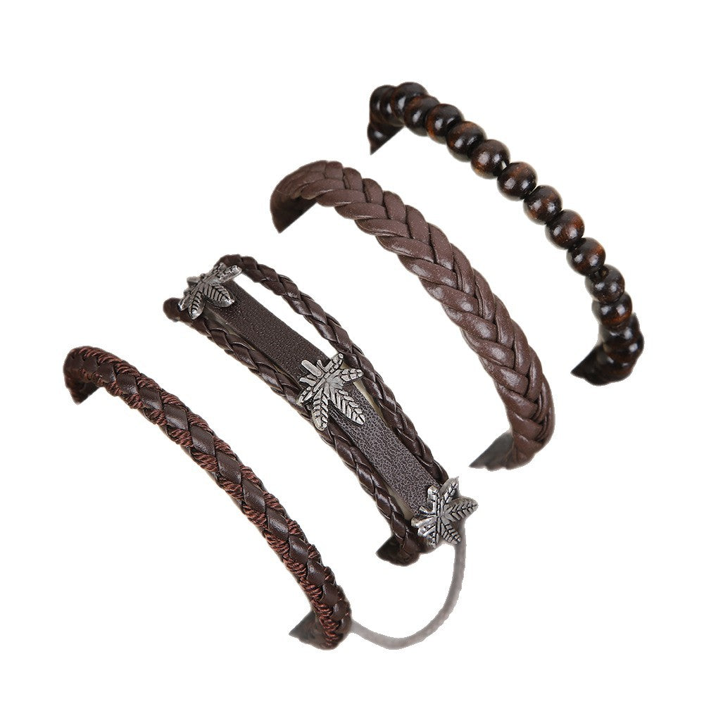 Wholesale Stylish Retro Maple Leaf Leather Bracelet With Woven Wood Beads Adjustable Unisex Hip Hop Jewelry Accessory