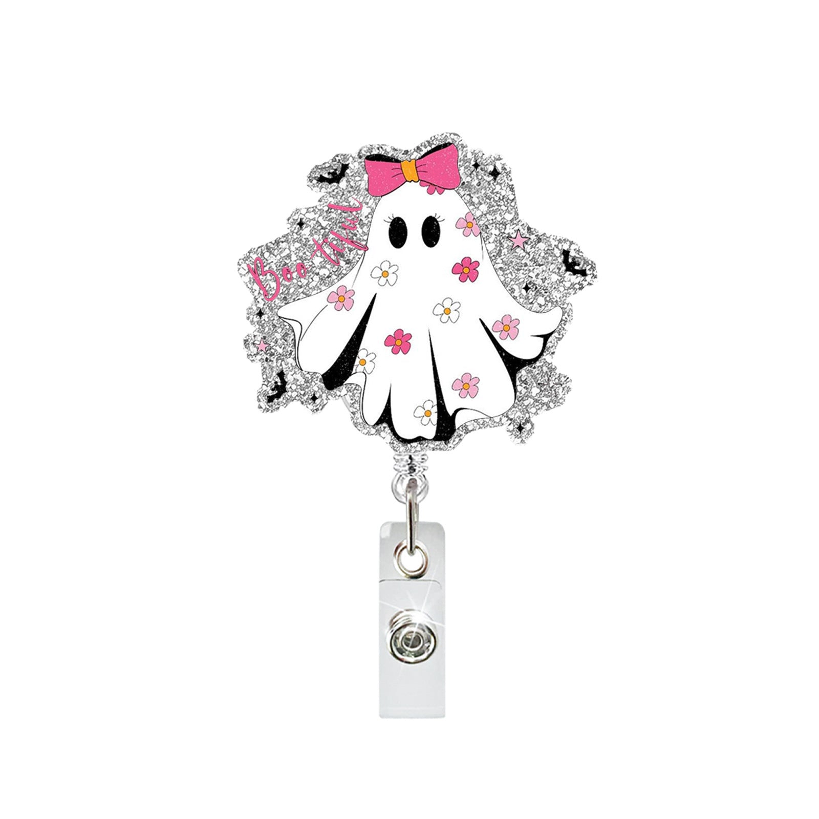 Wholesale Acrylic Pink Ghost Retractable Badge Holder  ID Badge Reel Fashion Accessory