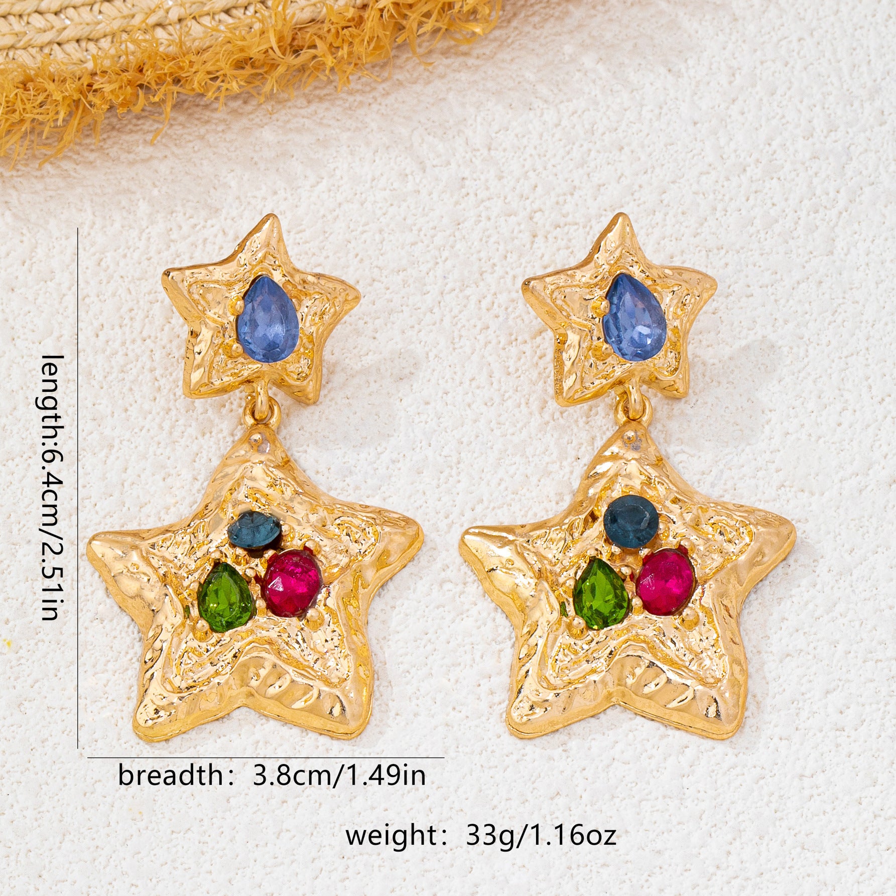 Wholesale Retro Star Earrings Antique Gold Tone With Colorful Gems For Party Fashion Accessory
