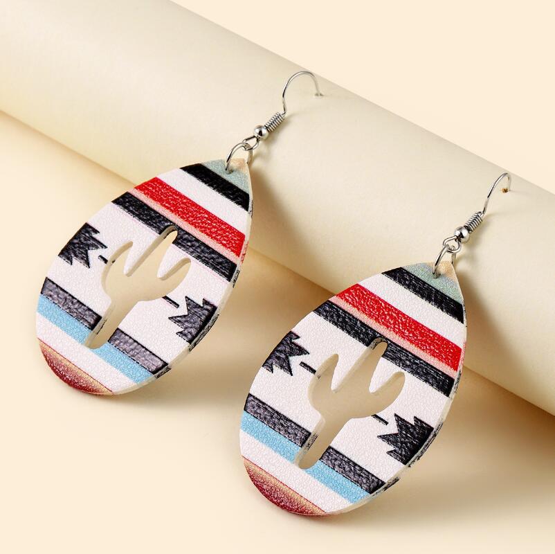 Wholesale Retro Western Style Colorful Hollow Cactus Print Leather Earrings