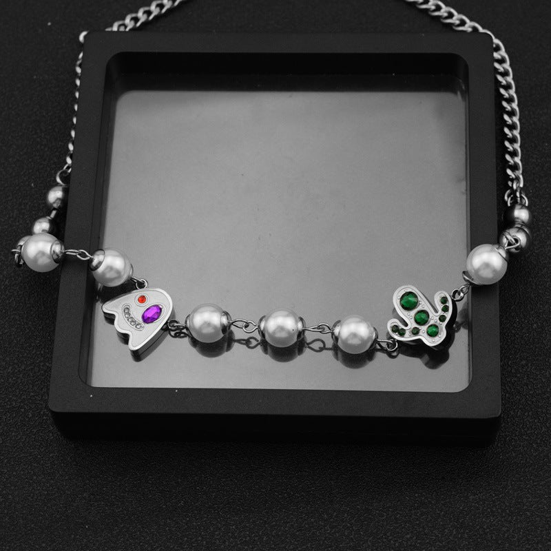 Wholesale Titanium Steel Cactus stitching necklace  creative funny ghost  pearl necklace
