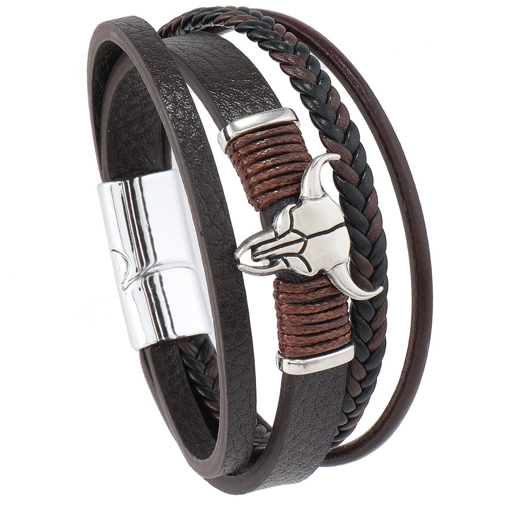 Wholesale Leather Western-style cowboy bull head multi-layered bracelet