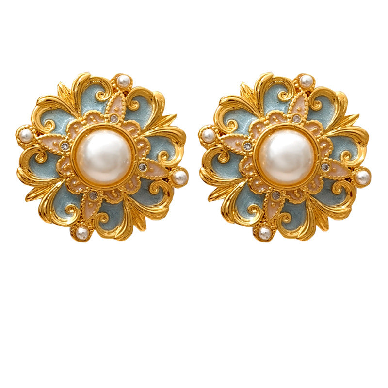 Wholesale Silver needle French retro flower pearl blue earrings