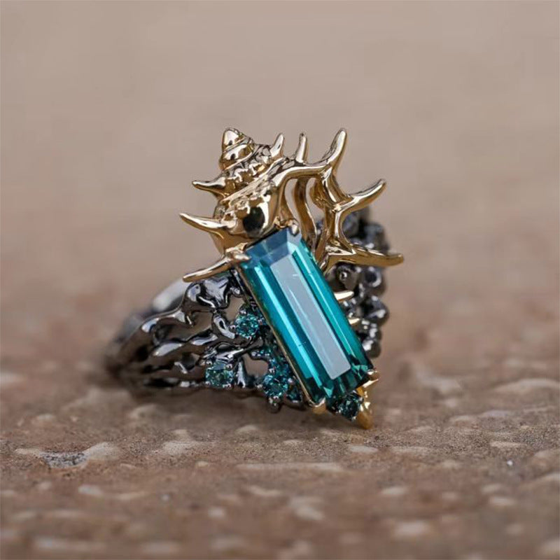 Wholesale  Marine Life Conch Index Finger Ring Coral Blue Crystal Diamond Ring