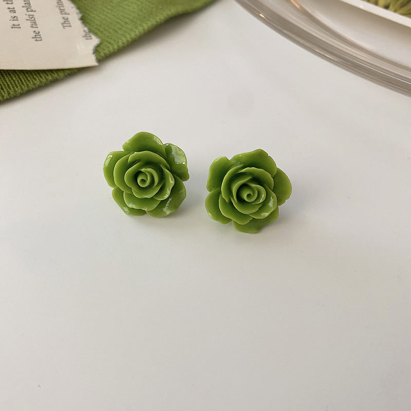 Wholesale Silver needle small green geometric love flower earrings