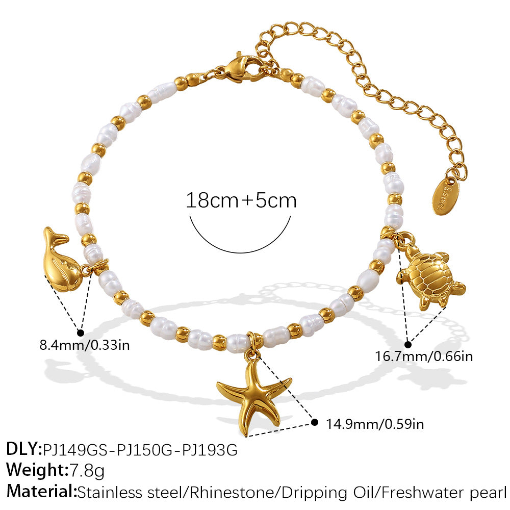 Wholesale  Fashion Creative Ocean Theme Freshwater Pearl DIY Dolphin Pendant Bracelet Plated with 18K Gold Niche Jewelry for Women