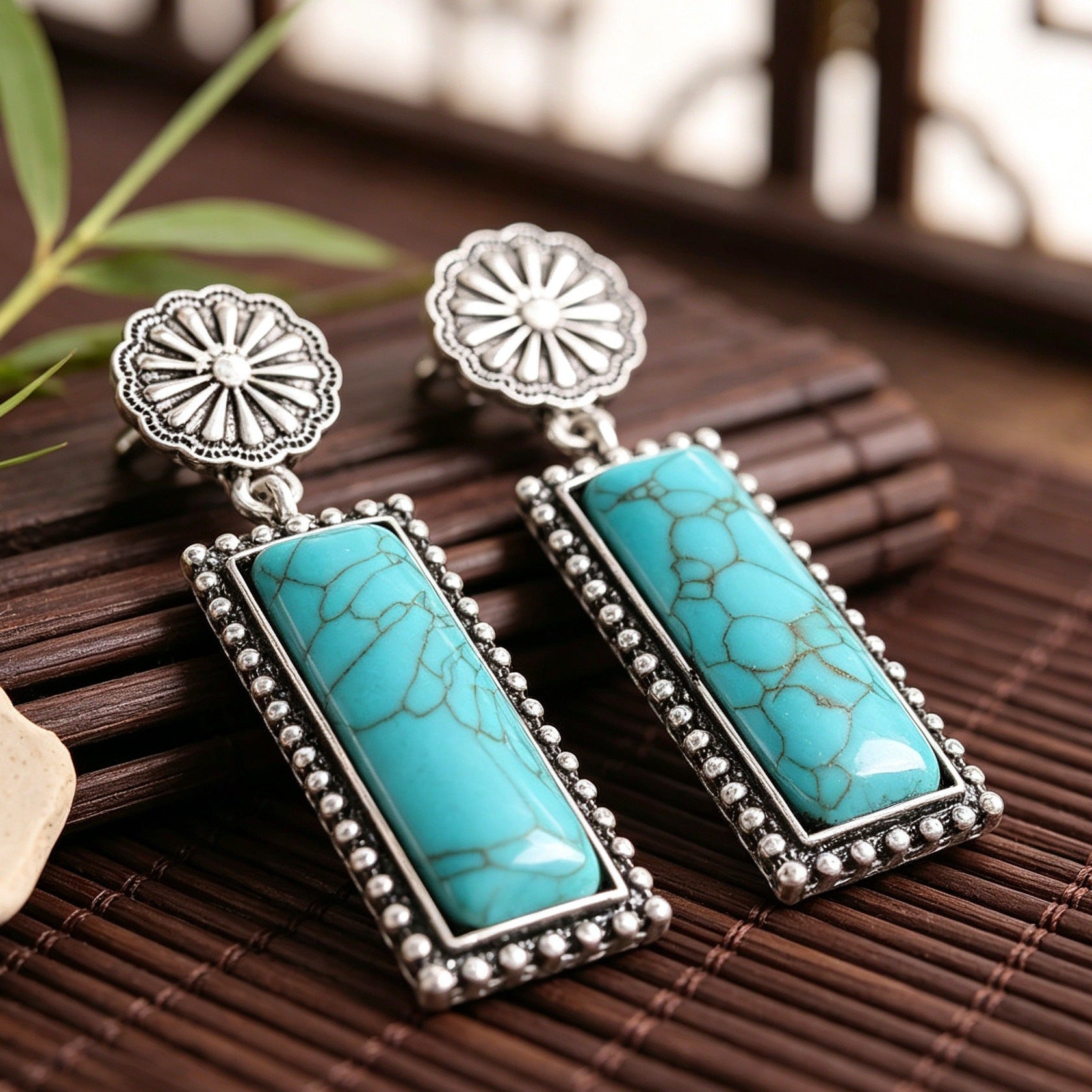 Wholesale Retro Bohemian Turquoise Carved Flower Earrings For Women Vintage Rectangle Stud Jewelry Fashion Accessory Gift