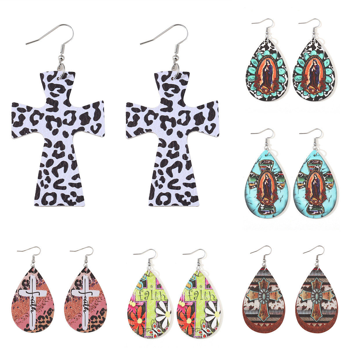 Wholesale  turquoise cow pattern cross water drop PU double-sided  earrings