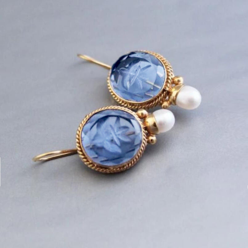 Wholesale Copper Alloy Drop Faux Pearl Earrings Blue Print Trendy Fashion Accessory For Women Boutique Resale