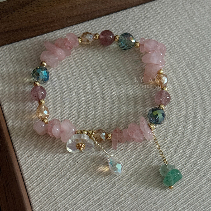 Wholesale Natural Pink Crystal Strawberry Crystal Beaded Bracelet Star Moon Pendant Adjustable Women S Fashion Jewelry