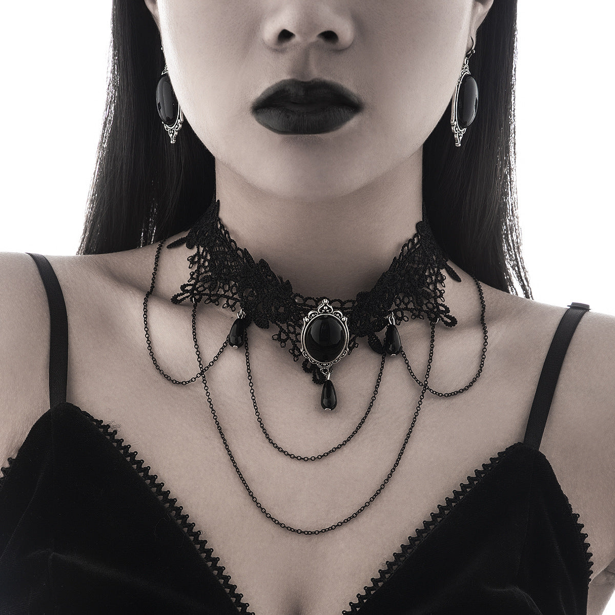 Wholesale Gothic style dark gemstone water drop tassel necklace