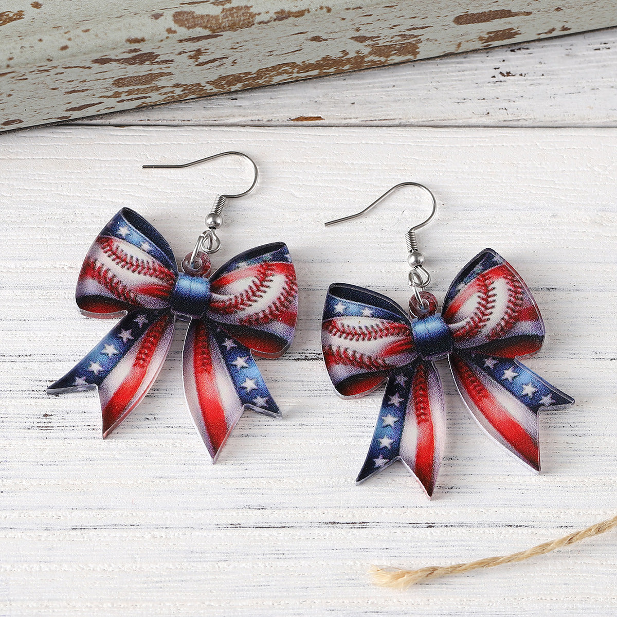 Wholesale  Independence Day Red White Blue Star Striped Bow Pendant Earrings